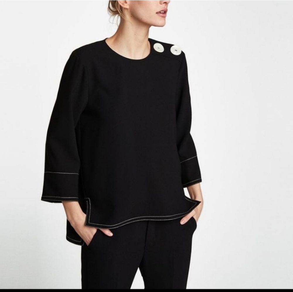 NWOT ZARA Women 3/4 Sleeve High-Low Hem Contrast Stitch Button Blouse SZ Xxs